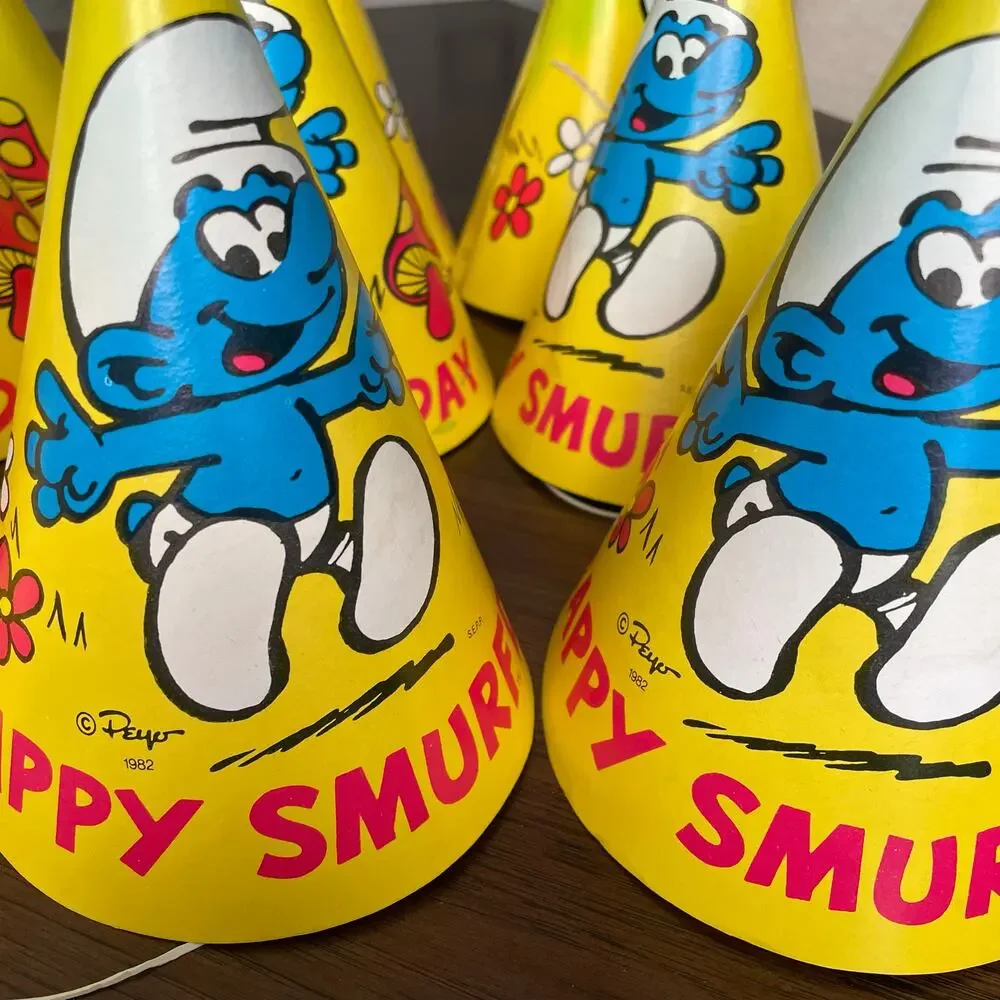 Vintage Happy Smurf Day Party Hat Lot of 12 Child Birthday Peyo CRAFT FLAWED